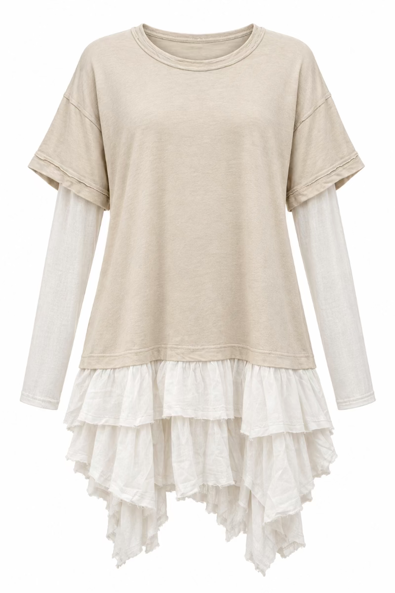 Trestles Clothing Company Tattered Love Tee in beige and white with layered peplum hem and long sleeves